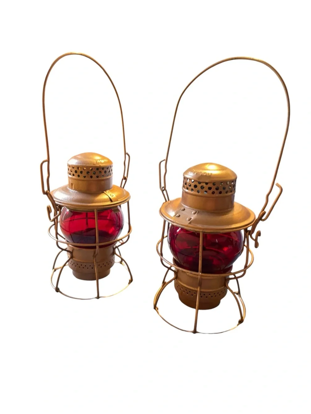 Pair of Vintage Adlake Kero Railroad Lanterns with Red Globes|Bronze Finish